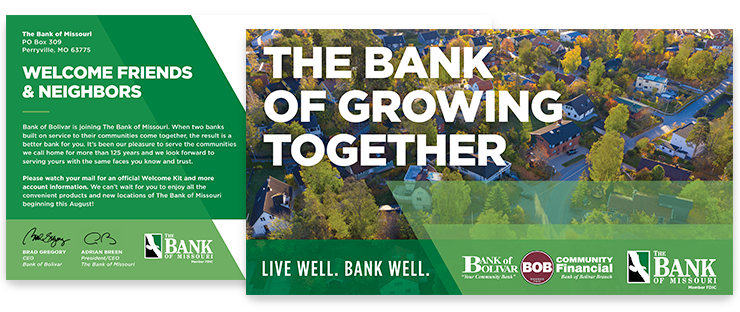 Postcard design using green intersecting shapes reinforces the brand strategy message of "The Bank if Growing Together."