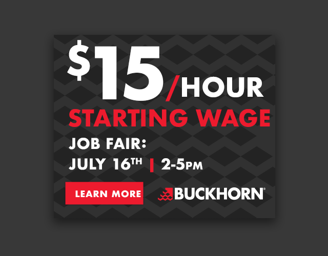 Hiring Campaign animated ad for Buckhorn highlight a $15/ hour starting wage and job fair. 
